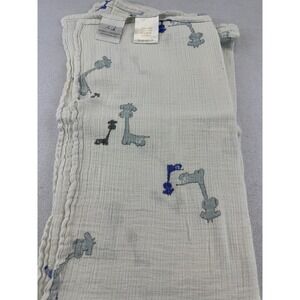 Aden + Anais Baby Blanket Blue Giraffes White Gray Muslin Swaddle Cotton 43"x43"